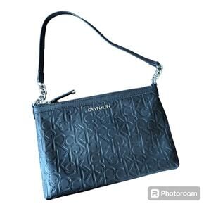Calvin Klein Women's Ck Embossed Monogram Logo Shoulder Zip Bag Black Purse